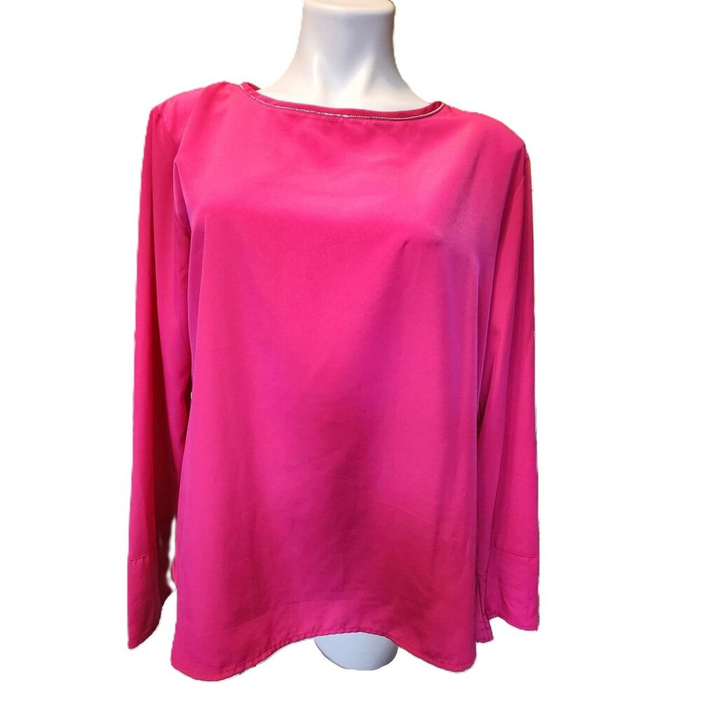 ❤️ 4/$20 Jennifer Lopez pink blouse Women's large Silver-beaded neckline JLO